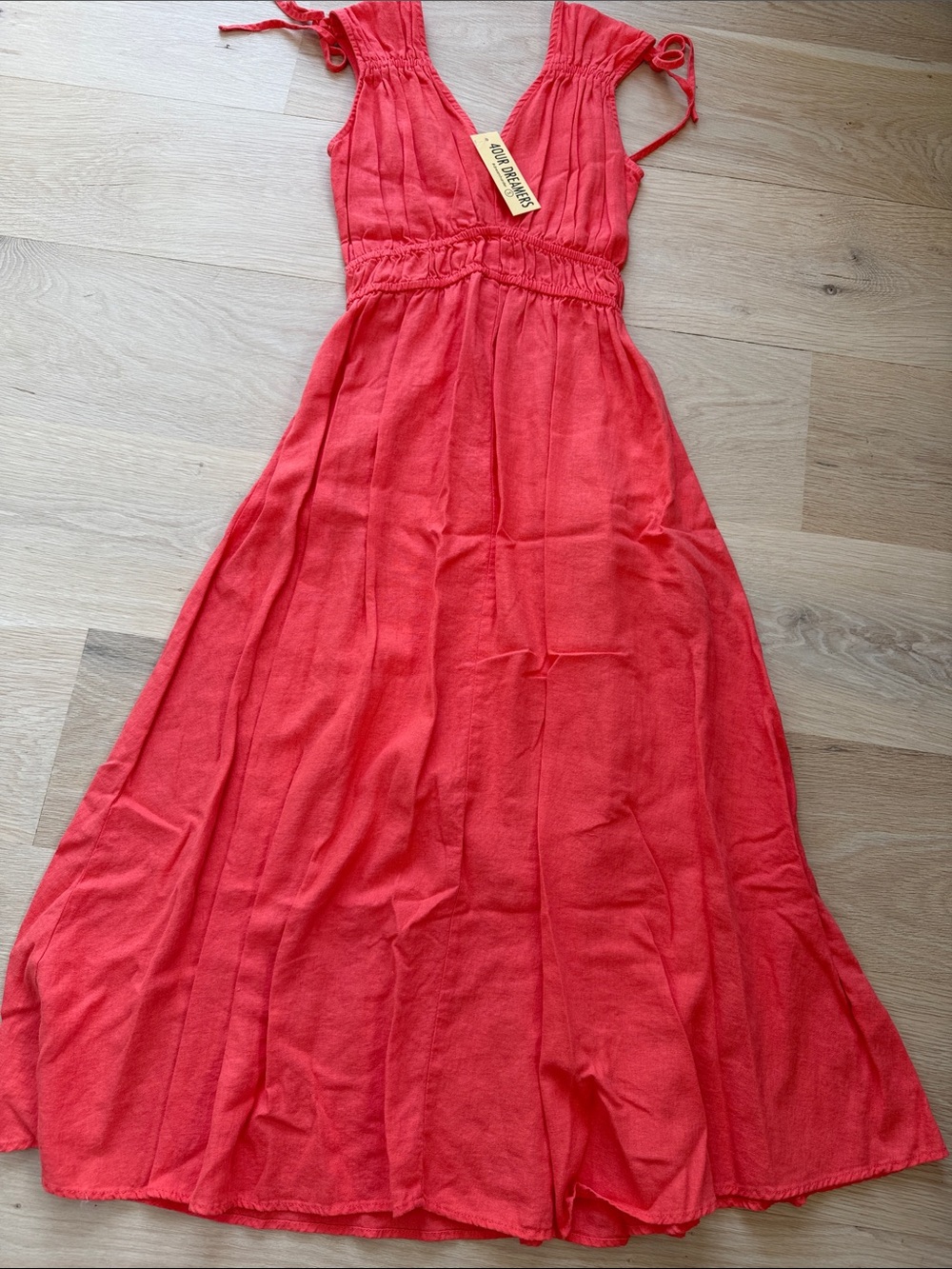 NWT 4OurDreamers Coral Red Linen Maxi Dress with Tie-Straps